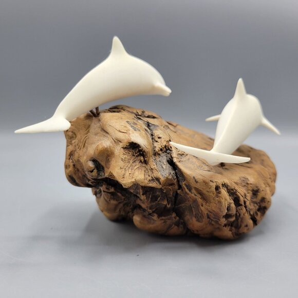 Vintage John Perry White Dolphin Sculpture On Driftwood Base 4" Tall - Picture 7 of 14